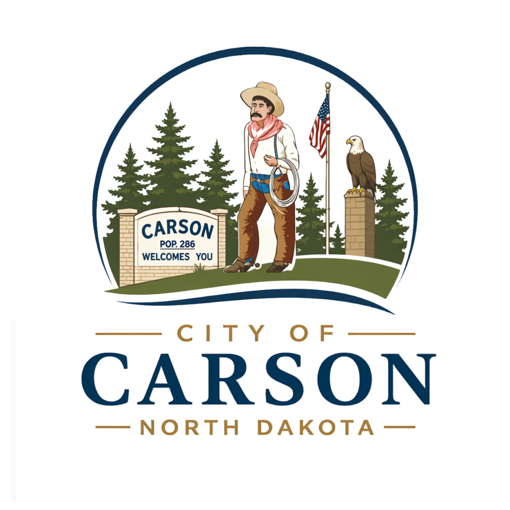 City of Carson Logo featuring cowboy statue, eagle, and city of Carson Sign